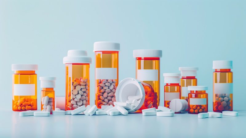 A collection of prescription medicine bottles, some open with pills spilling out, is set against a clean, clinical background. The scene underscores the importance of proper medication management.